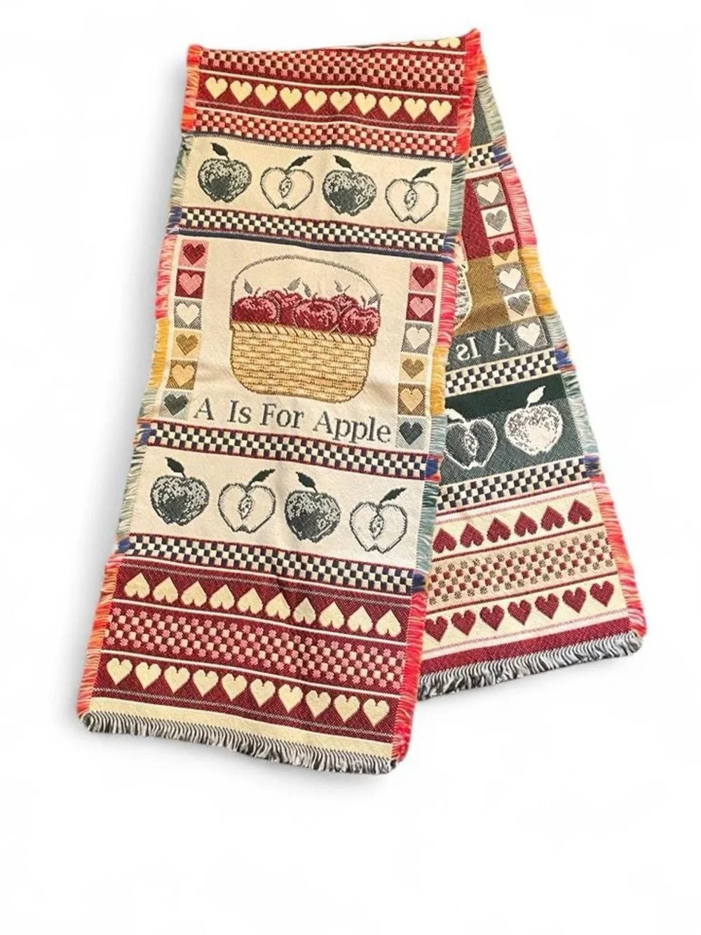 Vintage 90s Apple Sampler Tapestry Table Runner Fall Cottagecore Grannycore Red
